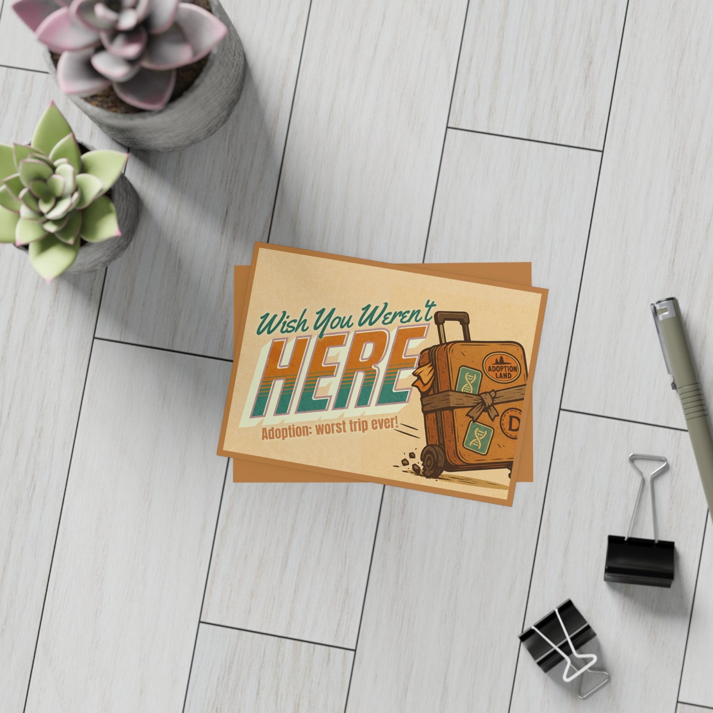 Wish You Weren’t Here – “Adoption: Worst Trip Ever!” Retro Adoptee Postcard (10-Pack)