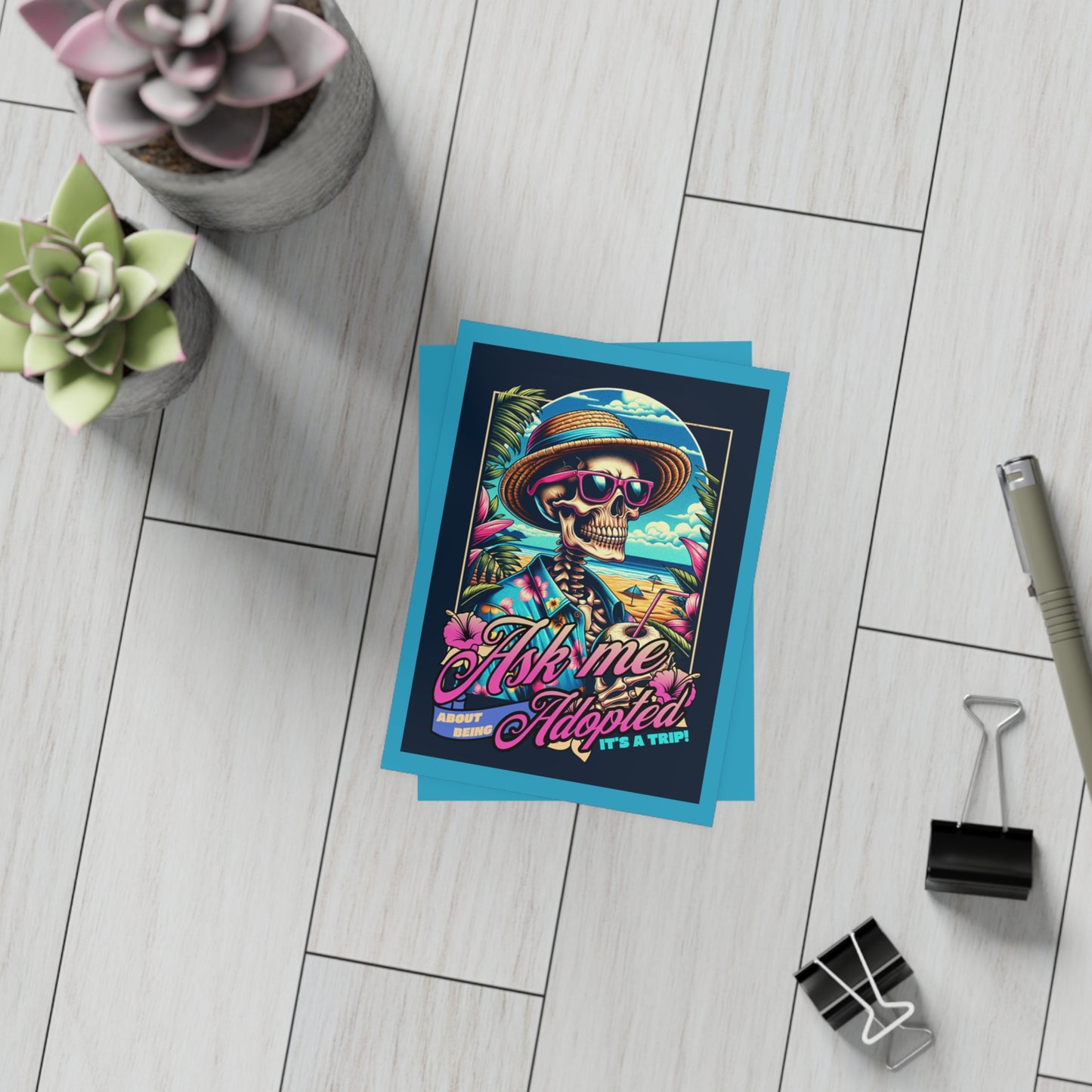 Ask Me About Being Adopted Postcard – It’s a Trip! Retro Skeleton Traveler Design, Limited NAAM 2025 Edition (10 Pack)