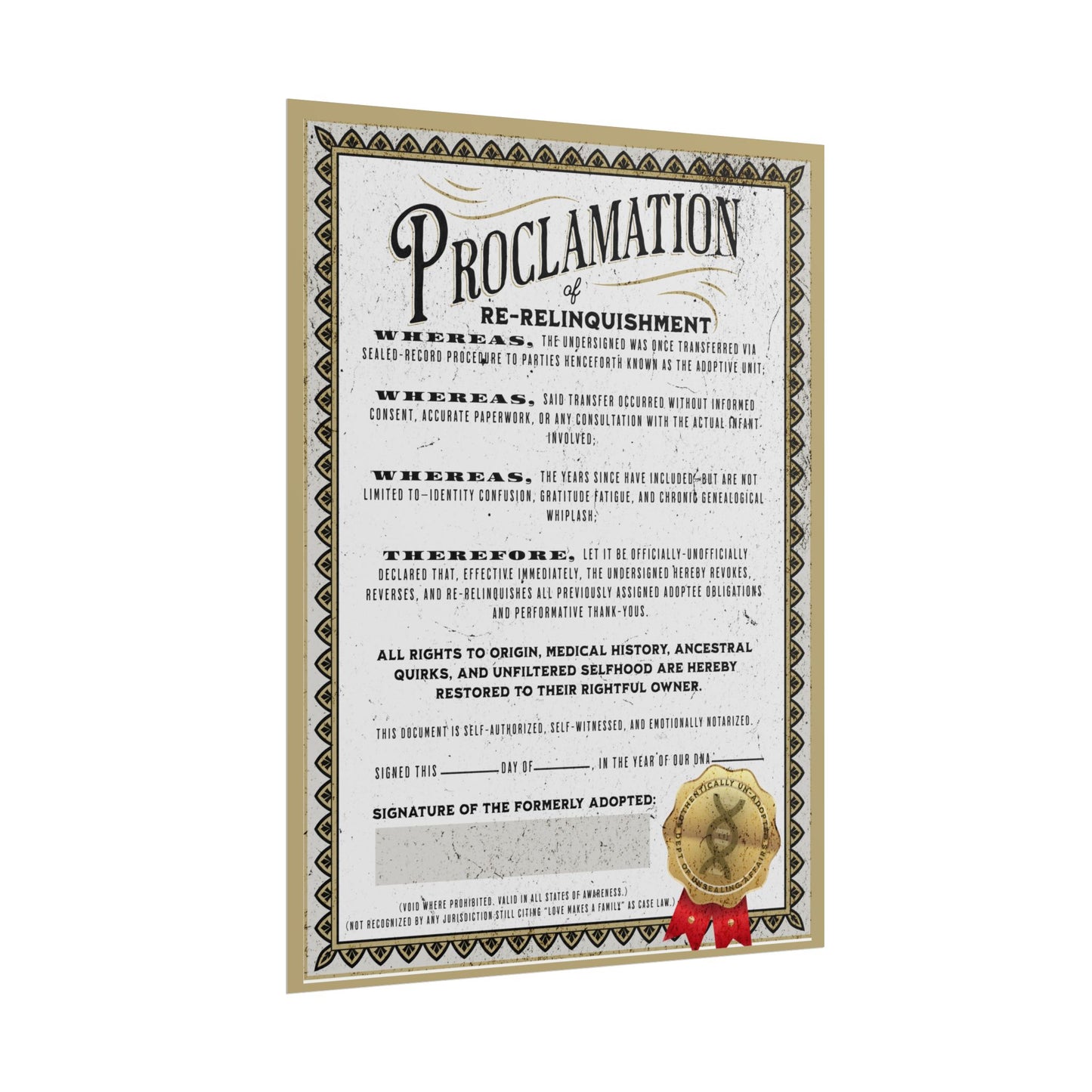Vintage Proclamation Rolled Poster – Certificate of Re-Relinquishment | Adoptee Humor for National Adoption Day | With No Direction – Disenfranchised Souvenirs