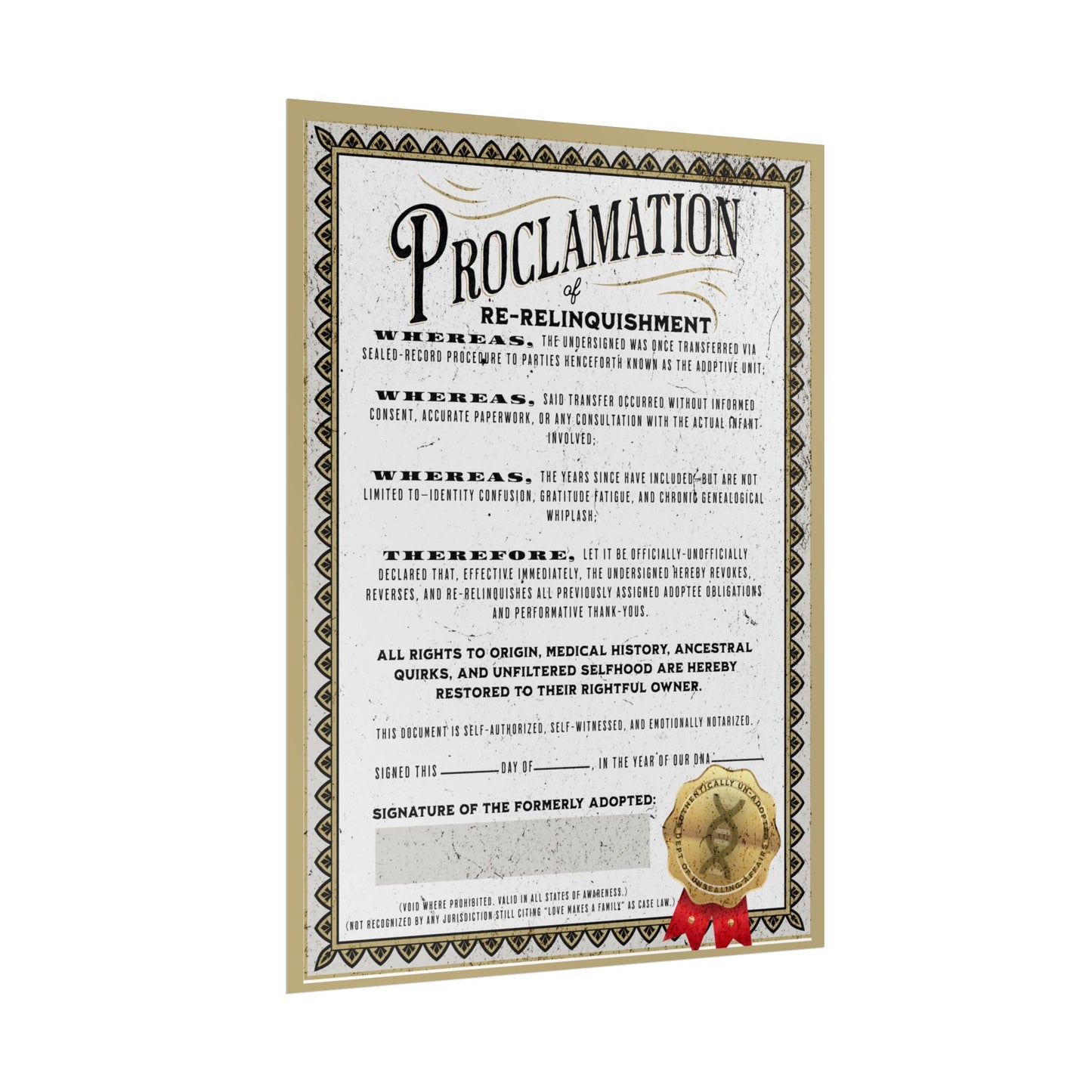 Vintage Proclamation Rolled Poster – Certificate of Re-Relinquishment | Adoptee Humor for National Adoption Day | With No Direction – Disenfranchised Souvenirs