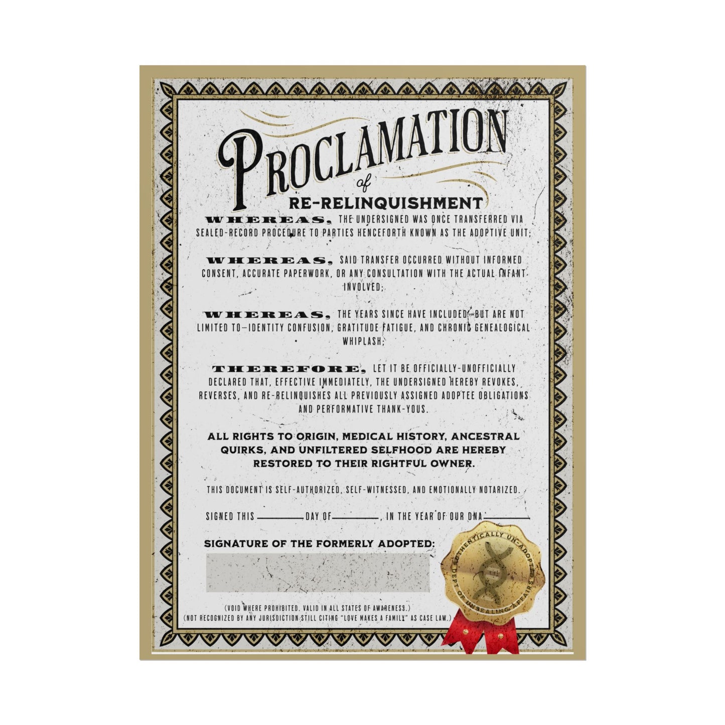 Vintage Proclamation Rolled Poster – Certificate of Re-Relinquishment | Adoptee Humor for National Adoption Day | With No Direction – Disenfranchised Souvenirs