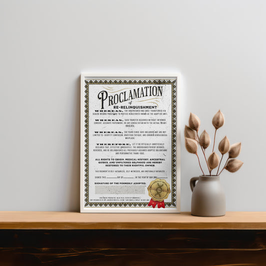 Vintage Proclamation Rolled Poster – Certificate of Re-Relinquishment | Adoptee Humor for National Adoption Day | With No Direction – Disenfranchised Souvenirs