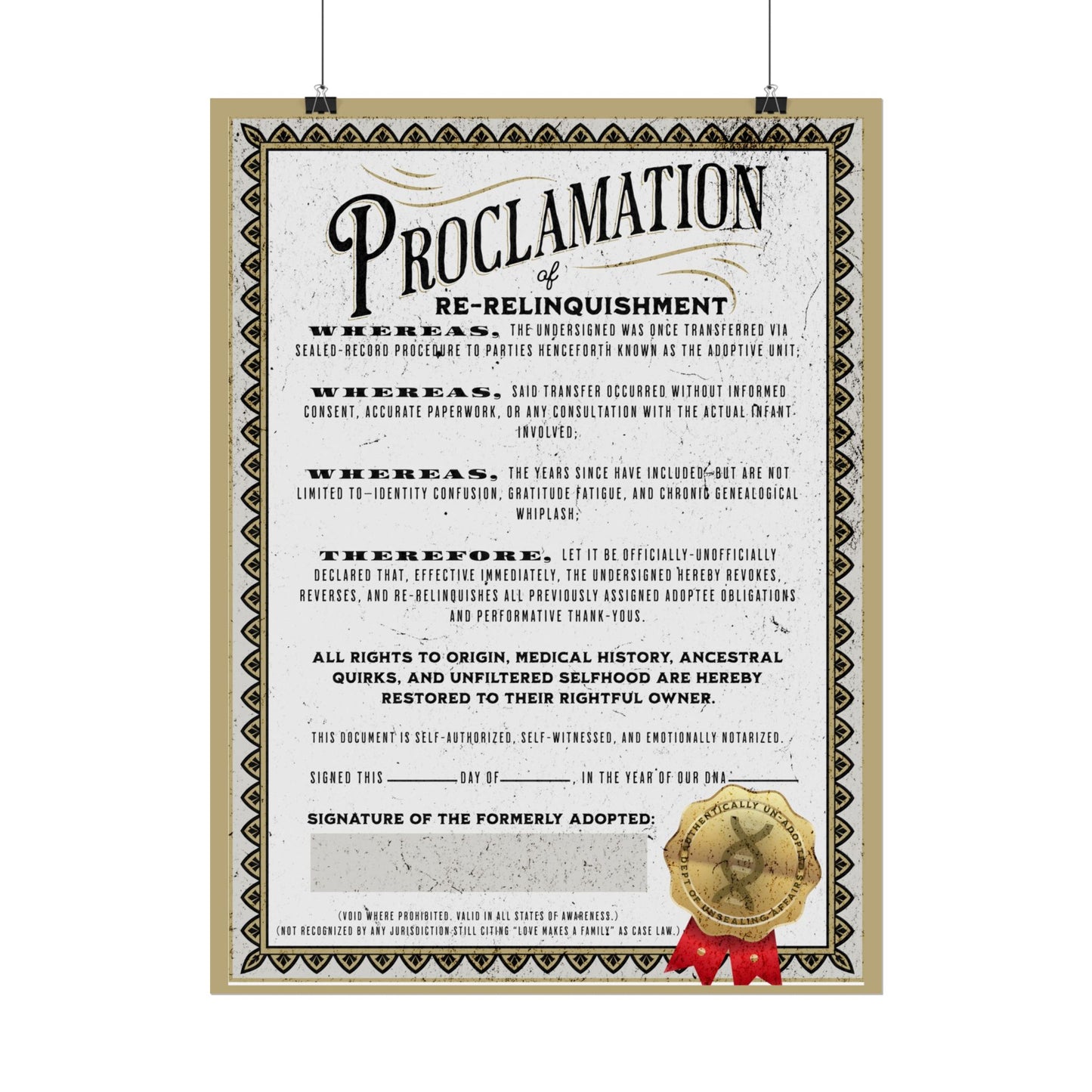 Vintage Proclamation Rolled Poster – Certificate of Re-Relinquishment | Adoptee Humor for National Adoption Day | With No Direction – Disenfranchised Souvenirs